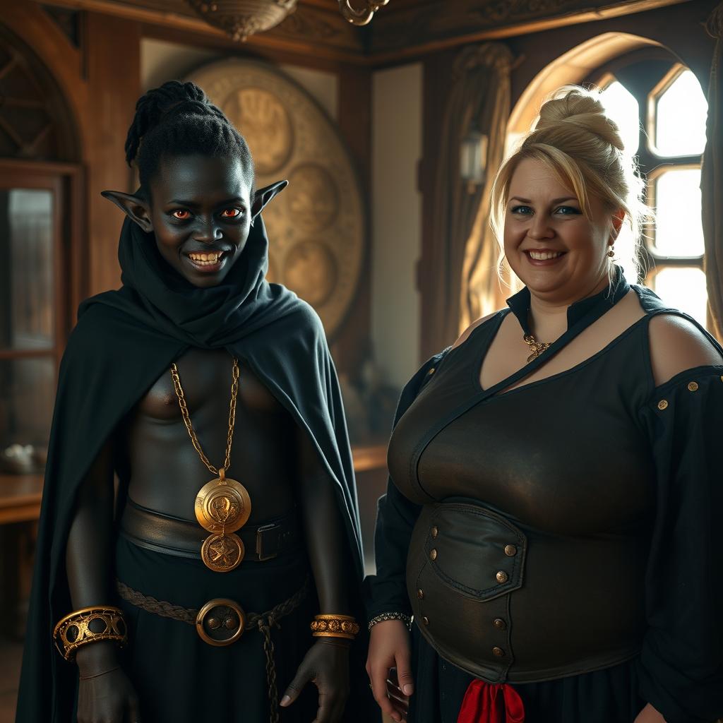 A medieval bordello room bathed in daylight, featuring a striking contrast between two women