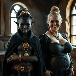A medieval bordello room bathed in daylight, featuring a striking contrast between two women