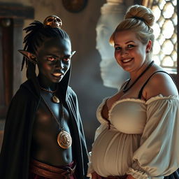 A medieval bordello room bathed in daylight, featuring a striking contrast between two women