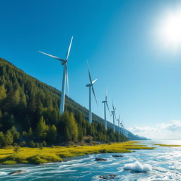 Create an image featuring a tidal energy installation set against the breathtaking backdrop of Siberian nature, basking in vibrant sunlight