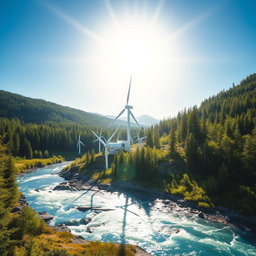 Create an image featuring a tidal energy installation set against the breathtaking backdrop of Siberian nature, basking in vibrant sunlight