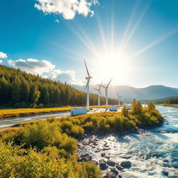 Create an image featuring a tidal energy installation set against the breathtaking backdrop of Siberian nature, basking in vibrant sunlight
