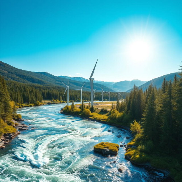 Create an image featuring a tidal energy installation set against the breathtaking backdrop of Siberian nature, basking in vibrant sunlight