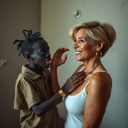 In a poor room, a young, very short, malnourished African woman, aged 20 with deep black skin, has a sinister appearance characterized by her rotten, monstrous teeth and bulging eyes