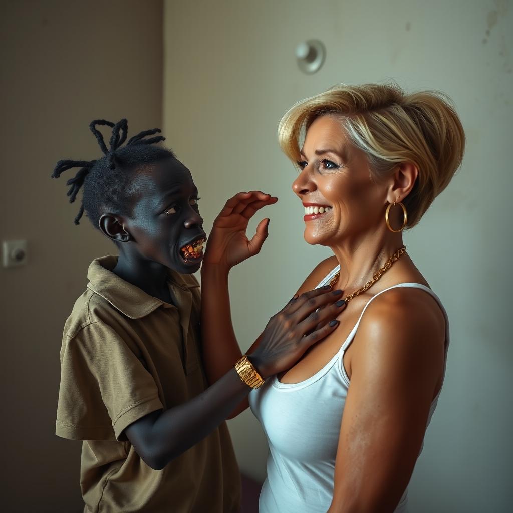 In a poor room, a young, very short, malnourished African woman, aged 20 with deep black skin, has a sinister appearance characterized by her rotten, monstrous teeth and bulging eyes