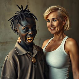 In a poor room, a young, very short, malnourished African woman, aged 20 with deep black skin, has a sinister appearance characterized by her rotten, monstrous teeth and bulging eyes