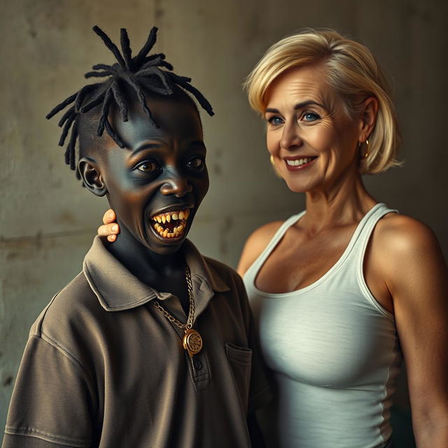 In a poor room, a young, very short, malnourished African woman, aged 20 with deep black skin, has a sinister appearance characterized by her rotten, monstrous teeth and bulging eyes