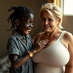 In a poor room, a young, very short, malnourished African woman, aged 20 with deep black skin, has a sinister appearance characterized by her rotten, monstrous teeth and bulging eyes
