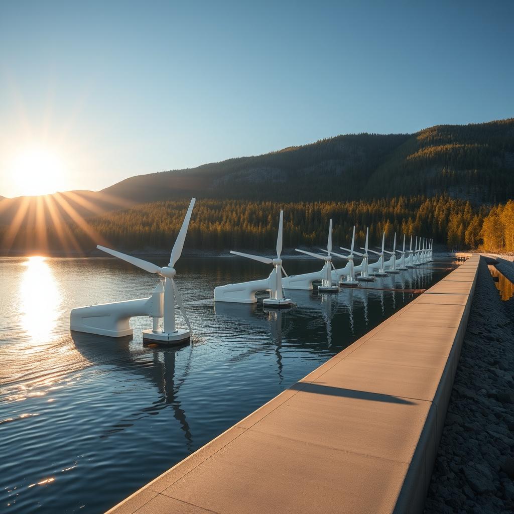 Create an image of a tidal energy installation set against the beautiful backdrop of Siberian nature, illuminated by bright sunlight