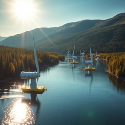 Create an image of a tidal energy installation set against the beautiful backdrop of Siberian nature, illuminated by bright sunlight
