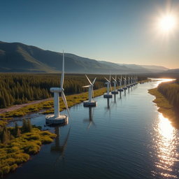 Create an image of a tidal energy installation set against the beautiful backdrop of Siberian nature, illuminated by bright sunlight