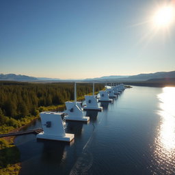 Create an image of a tidal energy installation set against the beautiful backdrop of Siberian nature, illuminated by bright sunlight