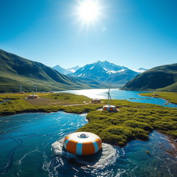 Create an image of a tidal and wave energy installation featured against the breathtaking backdrop of Siberian nature in bright sunlight