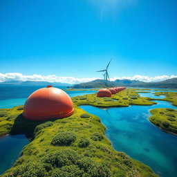 Create an image of a tidal and wave energy installation featured against the breathtaking backdrop of Siberian nature in bright sunlight