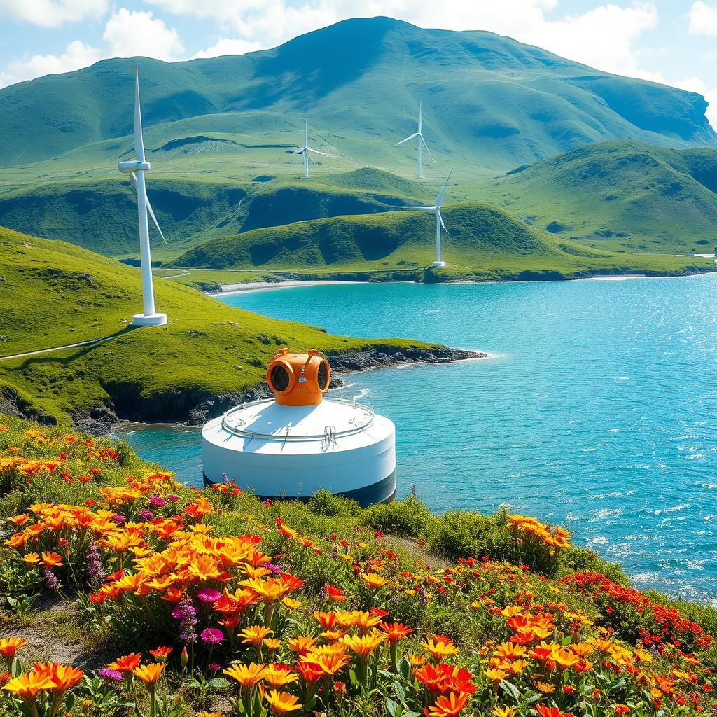 Create an image of a tidal and wave energy installation featured against the breathtaking backdrop of Siberian nature in bright sunlight