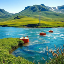 Create an image of a tidal and wave energy installation featured against the breathtaking backdrop of Siberian nature in bright sunlight