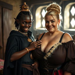 In a medieval brothel room filled with the soft glow of daylight, a young African woman, petite and noticeably undernourished, aged 19, stands out with her deep black skin and unique features