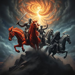 A dramatic, cosmic scene depicting the Four Horsemen of the Apocalypse in their powerful and foreboding forms