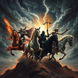 A dramatic, cosmic scene depicting the Four Horsemen of the Apocalypse in their powerful and foreboding forms