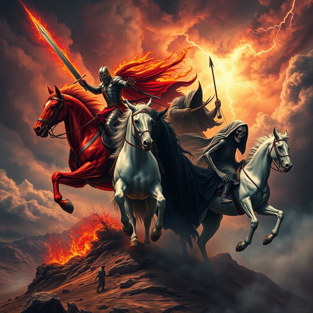 A dramatic, cosmic scene depicting the Four Horsemen of the Apocalypse in their powerful and foreboding forms