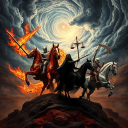 A dramatic, cosmic scene depicting the Four Horsemen of the Apocalypse in their powerful and foreboding forms