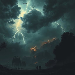 An intense and terrifying moment from the Apocalypse prophecy, depicting a chaotic landscape under a stormy sky filled with dark clouds and flashes of lightning