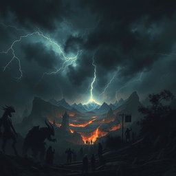 An intense and terrifying moment from the Apocalypse prophecy, depicting a chaotic landscape under a stormy sky filled with dark clouds and flashes of lightning