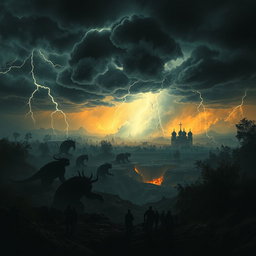 An intense and terrifying moment from the Apocalypse prophecy, depicting a chaotic landscape under a stormy sky filled with dark clouds and flashes of lightning