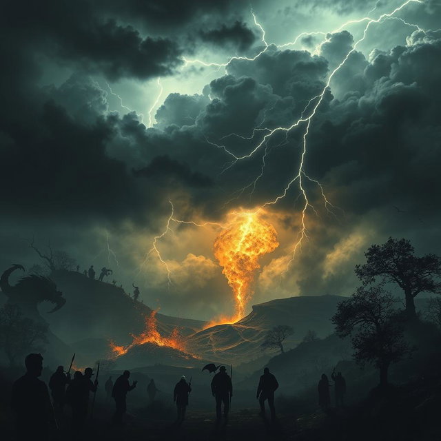 An intense and terrifying moment from the Apocalypse prophecy, depicting a chaotic landscape under a stormy sky filled with dark clouds and flashes of lightning