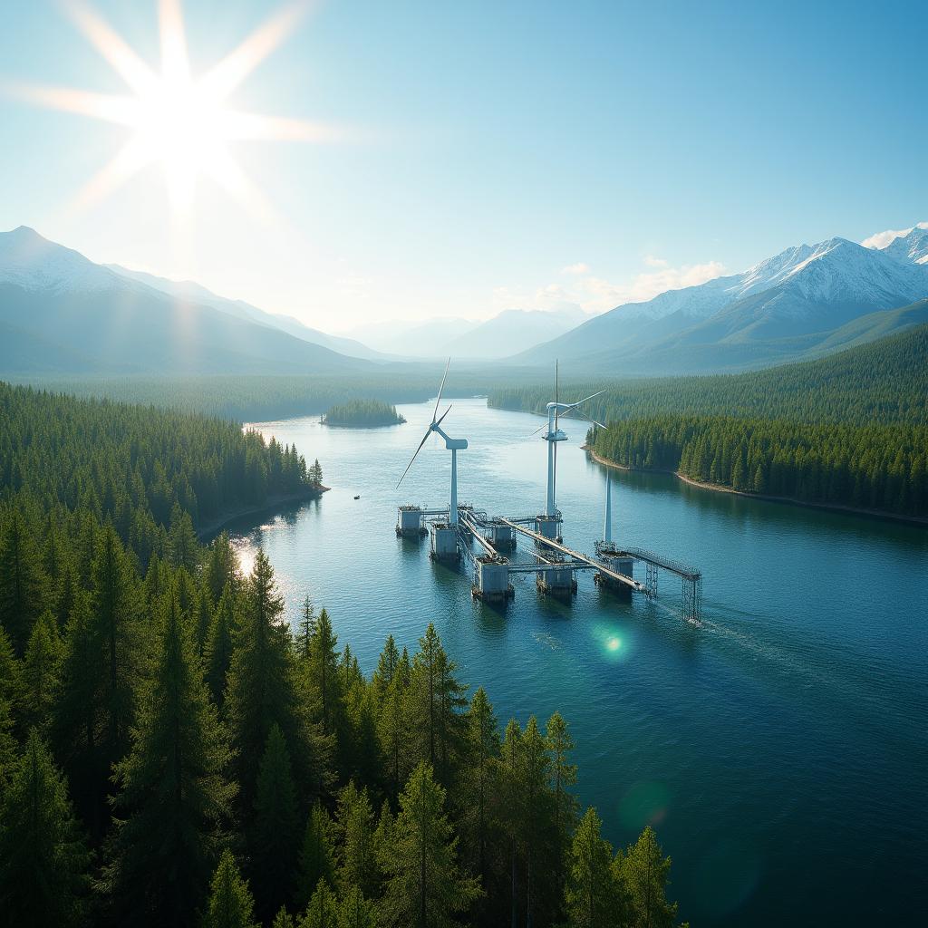 A tidal energy installation set against the stunning backdrop of Siberian nature, bathed in bright sunlight