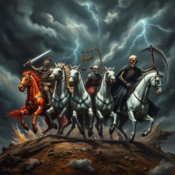 The dramatic arrival of the Four Horsemen of the Apocalypse, set against a tumultuous sky filled with dark, swirling clouds and flashes of lightning