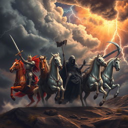 The dramatic arrival of the Four Horsemen of the Apocalypse, set against a tumultuous sky filled with dark, swirling clouds and flashes of lightning