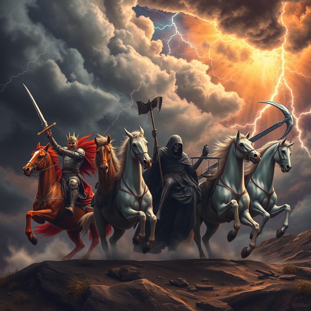 The dramatic arrival of the Four Horsemen of the Apocalypse, set against a tumultuous sky filled with dark, swirling clouds and flashes of lightning