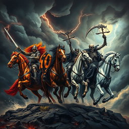The dramatic arrival of the Four Horsemen of the Apocalypse, set against a tumultuous sky filled with dark, swirling clouds and flashes of lightning
