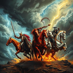 The dramatic arrival of the Four Horsemen of the Apocalypse, set against a tumultuous sky filled with dark, swirling clouds and flashes of lightning