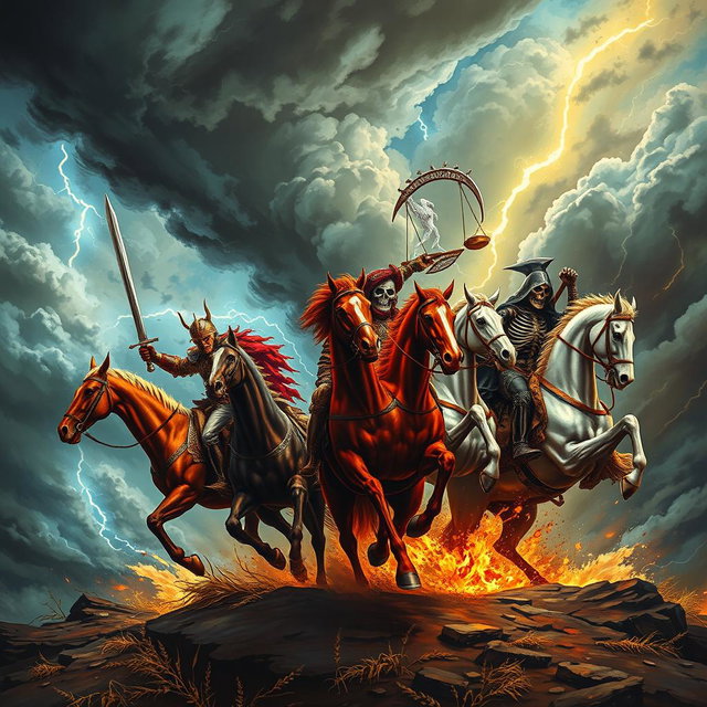 The dramatic arrival of the Four Horsemen of the Apocalypse, set against a tumultuous sky filled with dark, swirling clouds and flashes of lightning