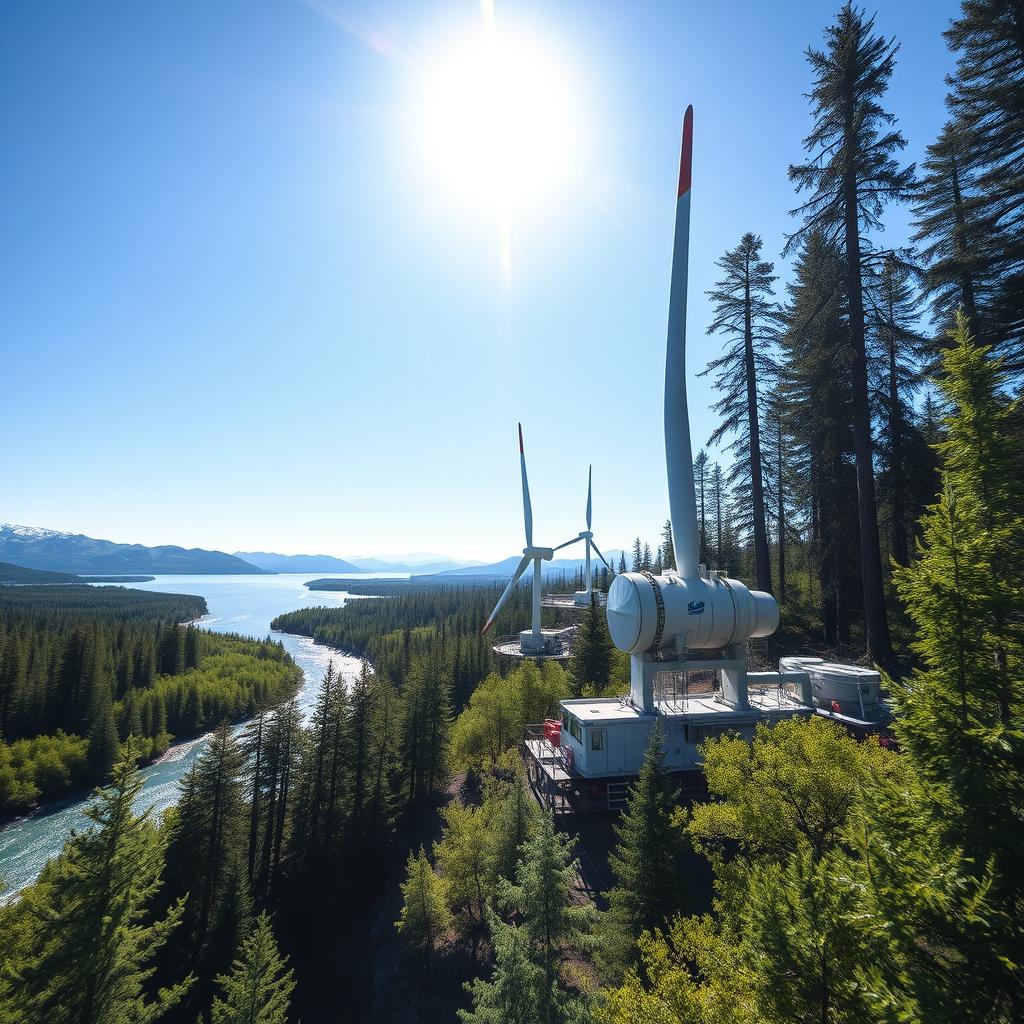 A tidal energy installation showcasing its turbines and energy equipment nestled in the picturesque Siberian nature, illuminated by bright sunlight