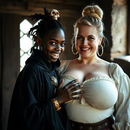 Inside a medieval brothel room illuminated by daylight, a striking scene unfolds featuring a young African woman, petite and undernourished at 19 years old