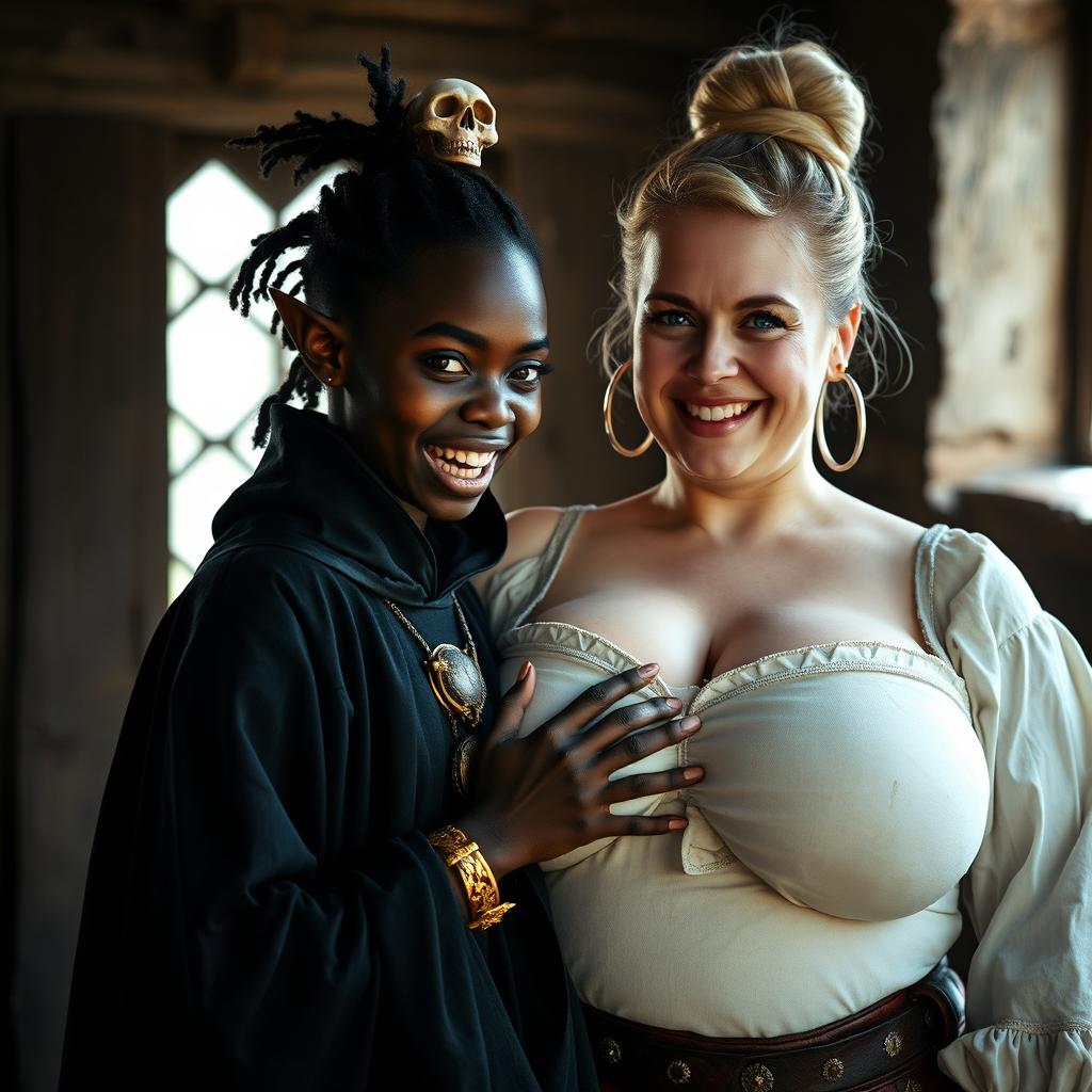 Inside a medieval brothel room illuminated by daylight, a striking scene unfolds featuring a young African woman, petite and undernourished at 19 years old