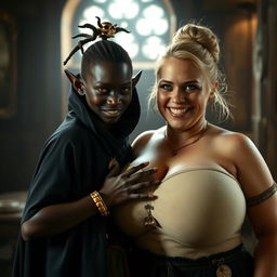 Inside a medieval brothel room illuminated by daylight, a striking scene unfolds featuring a young African woman, petite and undernourished at 19 years old