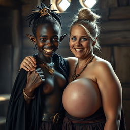 Inside a medieval brothel room illuminated by daylight, a striking scene unfolds featuring a young African woman, petite and undernourished at 19 years old
