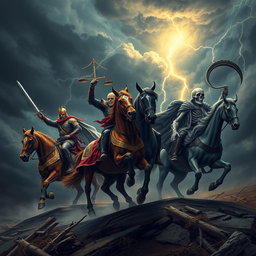 The powerful and ominous arrival of the Four Horsemen of the Apocalypse, set against a dark, stormy sky with swirling clouds and flashes of lightning illuminating the scene