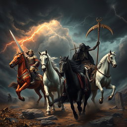 The powerful and ominous arrival of the Four Horsemen of the Apocalypse, set against a dark, stormy sky with swirling clouds and flashes of lightning illuminating the scene