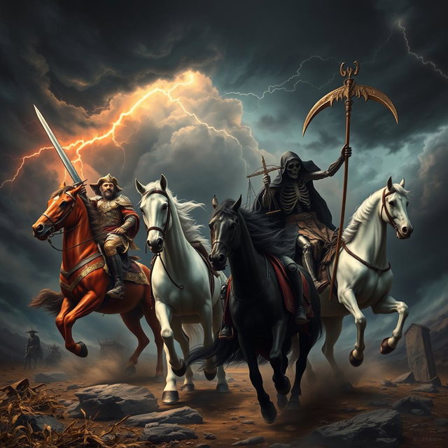 The powerful and ominous arrival of the Four Horsemen of the Apocalypse, set against a dark, stormy sky with swirling clouds and flashes of lightning illuminating the scene