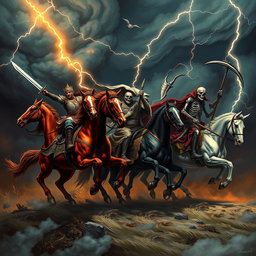 The powerful and ominous arrival of the Four Horsemen of the Apocalypse, set against a dark, stormy sky with swirling clouds and flashes of lightning illuminating the scene
