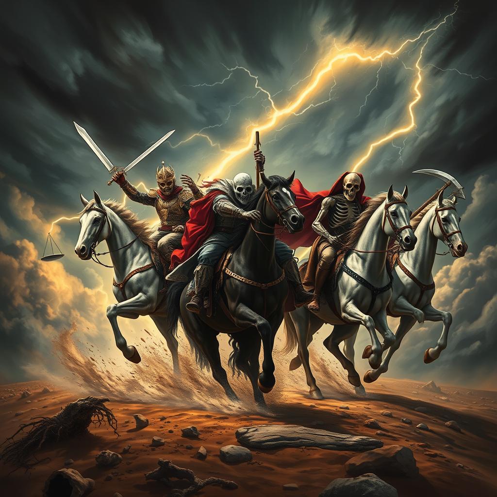 The powerful and ominous arrival of the Four Horsemen of the Apocalypse, set against a dark, stormy sky with swirling clouds and flashes of lightning illuminating the scene