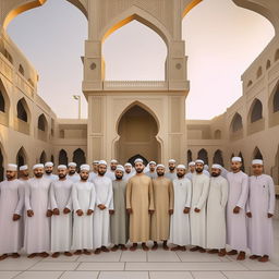 96 brothers standing together in a beautiful Islamic architectural compound. All are dressed in traditional Islamic attire, portraying unity and brotherhood.