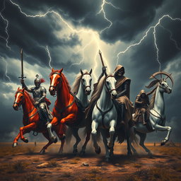 The formidable arrival of the Four Horsemen of the Apocalypse, portrayed in a stunning and dramatic scene