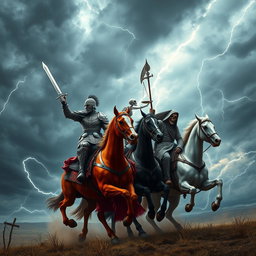 The formidable arrival of the Four Horsemen of the Apocalypse, portrayed in a stunning and dramatic scene