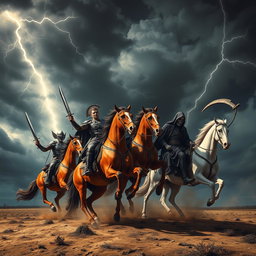 The formidable arrival of the Four Horsemen of the Apocalypse, portrayed in a stunning and dramatic scene